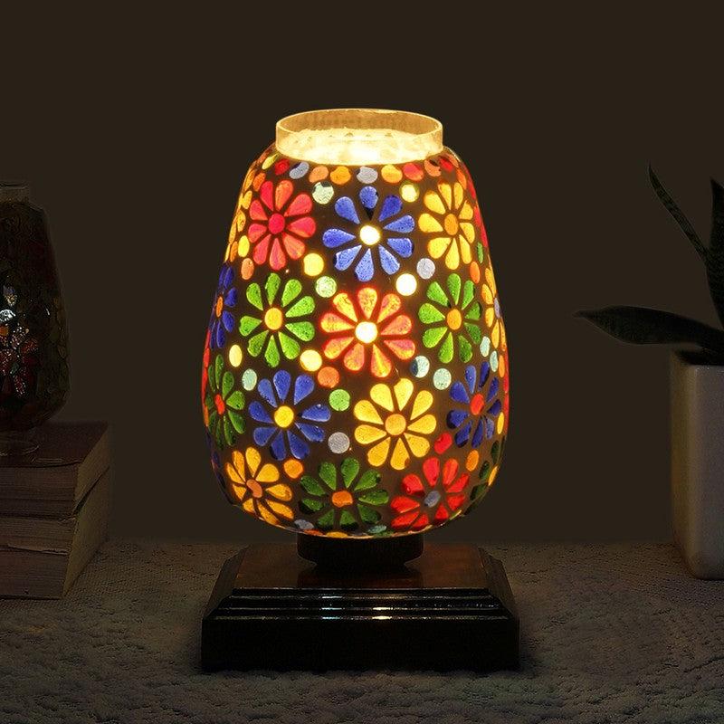 Glasmora Glass Table Lamp With Wooden Base - Multicolor