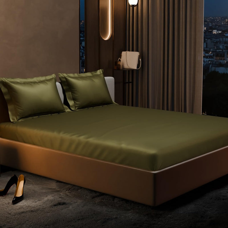 Purelle Satin Fitted Bedsheets (Olive Green) - 150 GSM
