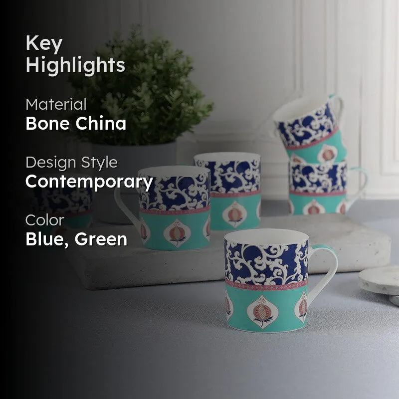 India Circus Bone China Tea Cup (220 mL Each),Blue,Green) - Set Of Six media 2