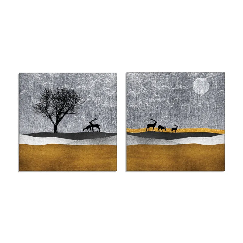 Stags in the Mist Canvas Wall Painting - Set Of Two media 7