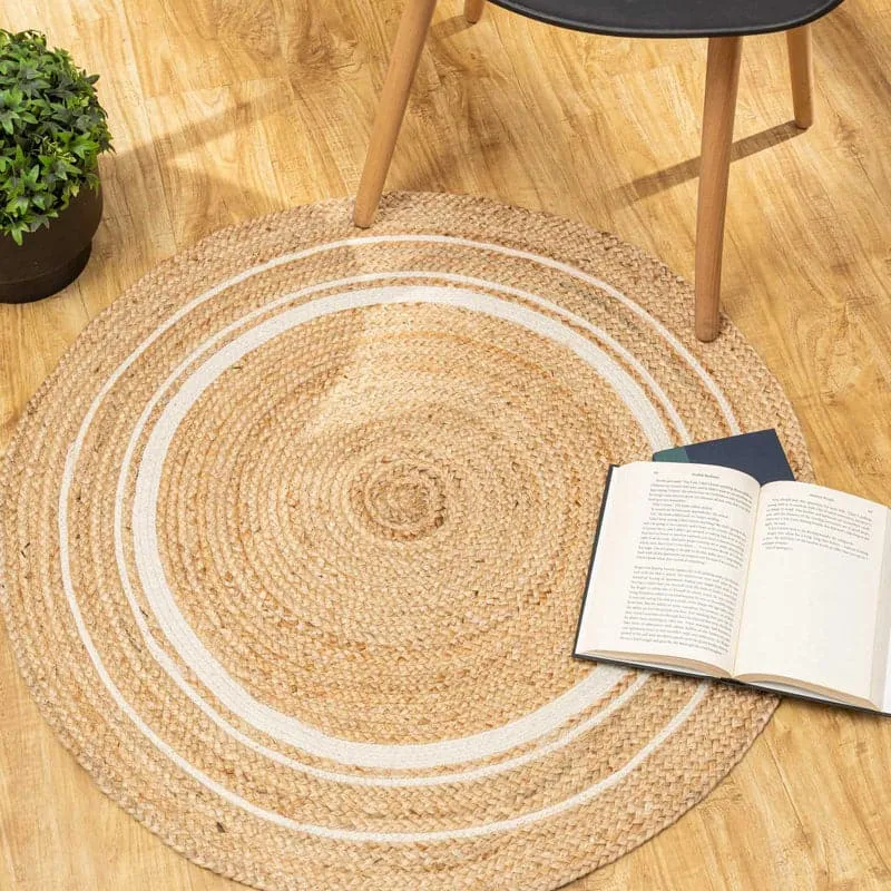 Evara Ryna Natural Fiber Braided Jute Cotton Rug - Beige & White media 3