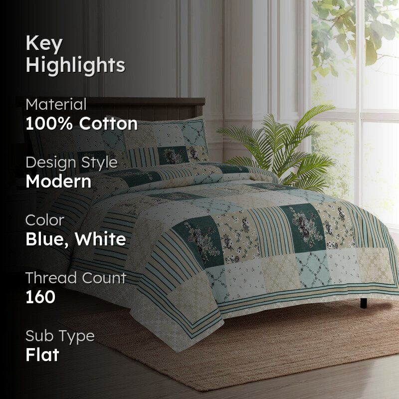 Moorah Cotton Bedsheet (Blue,White) - 160 TC media 2