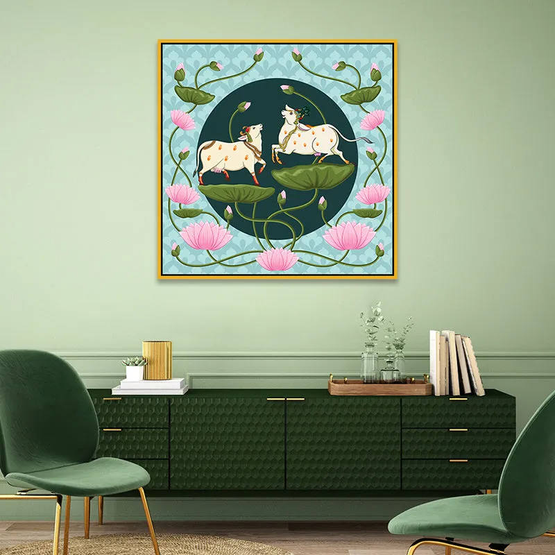 Lotus Pastures Canvas Wall Painting With Frame - Gold media 5