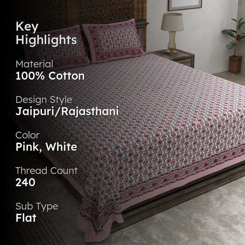 Blossomis Cotton Bedsheet (Pink,White) - 240 TC media 2