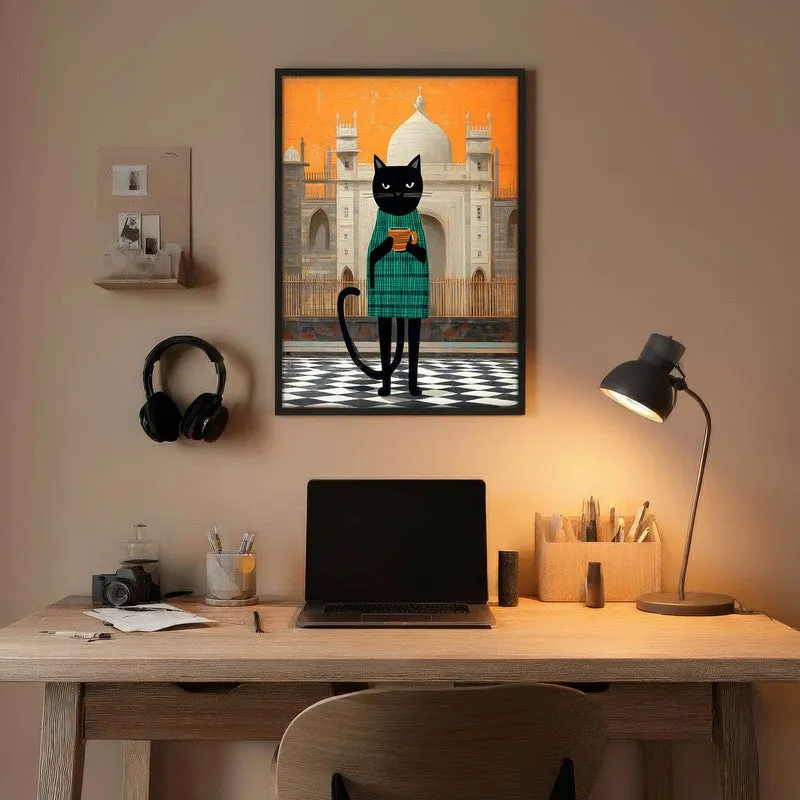 Serene Sips Cat Wall Painting With Frame media 5