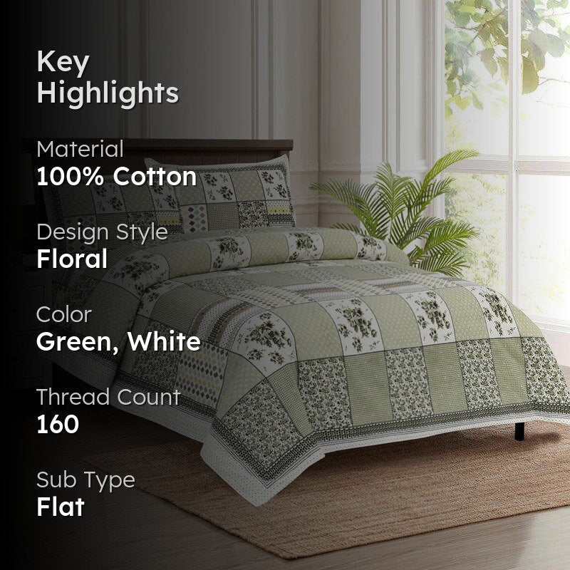 Yuna Floral  Cotton Bedsheet (Green & White) - 160 TC media 2