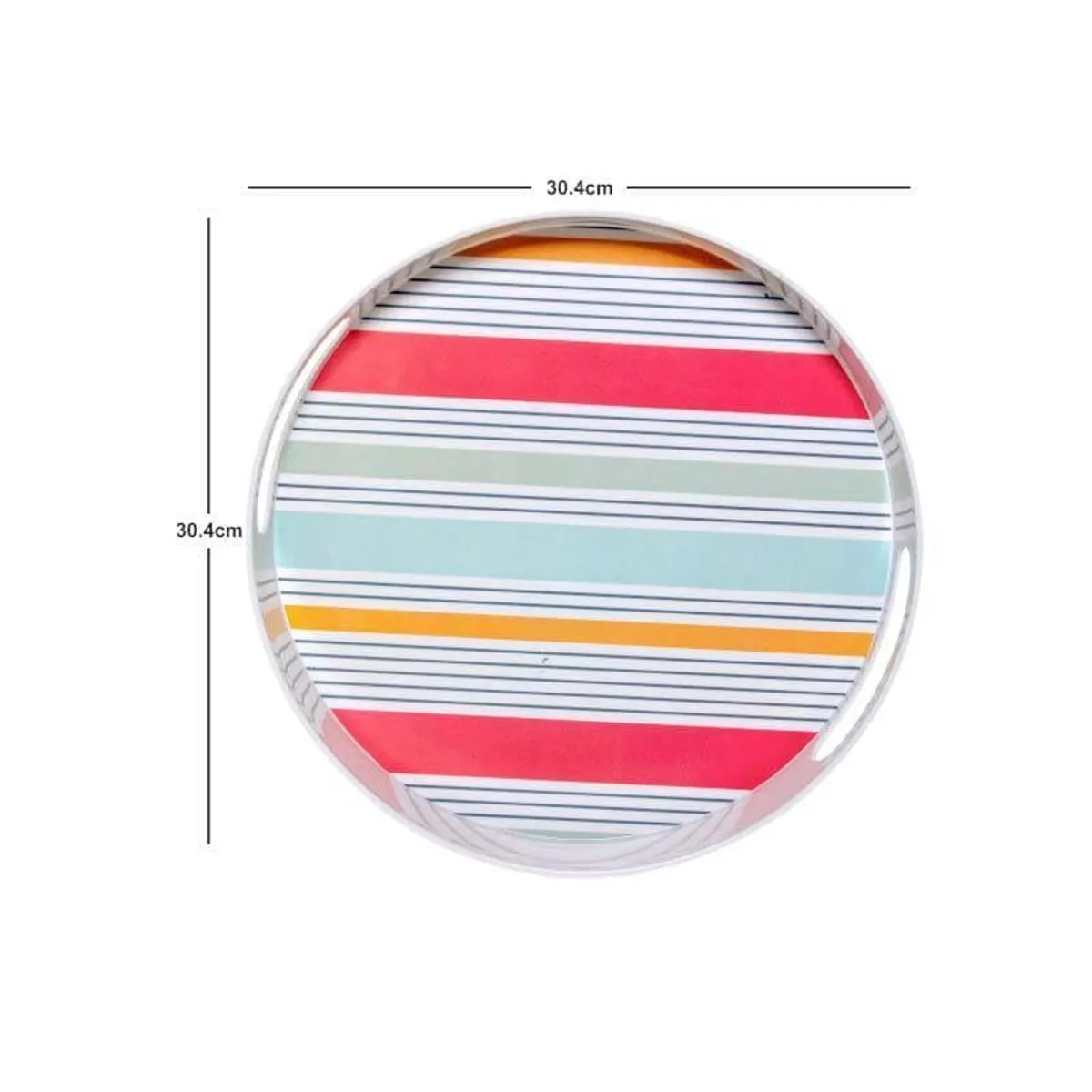 Top view of striped round serving tray with 30.4 cm measurement markings