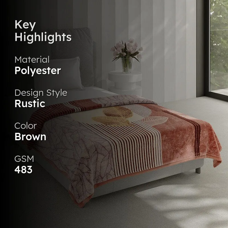 Brown abstract blanket displayed on a bed in a bedroom setting