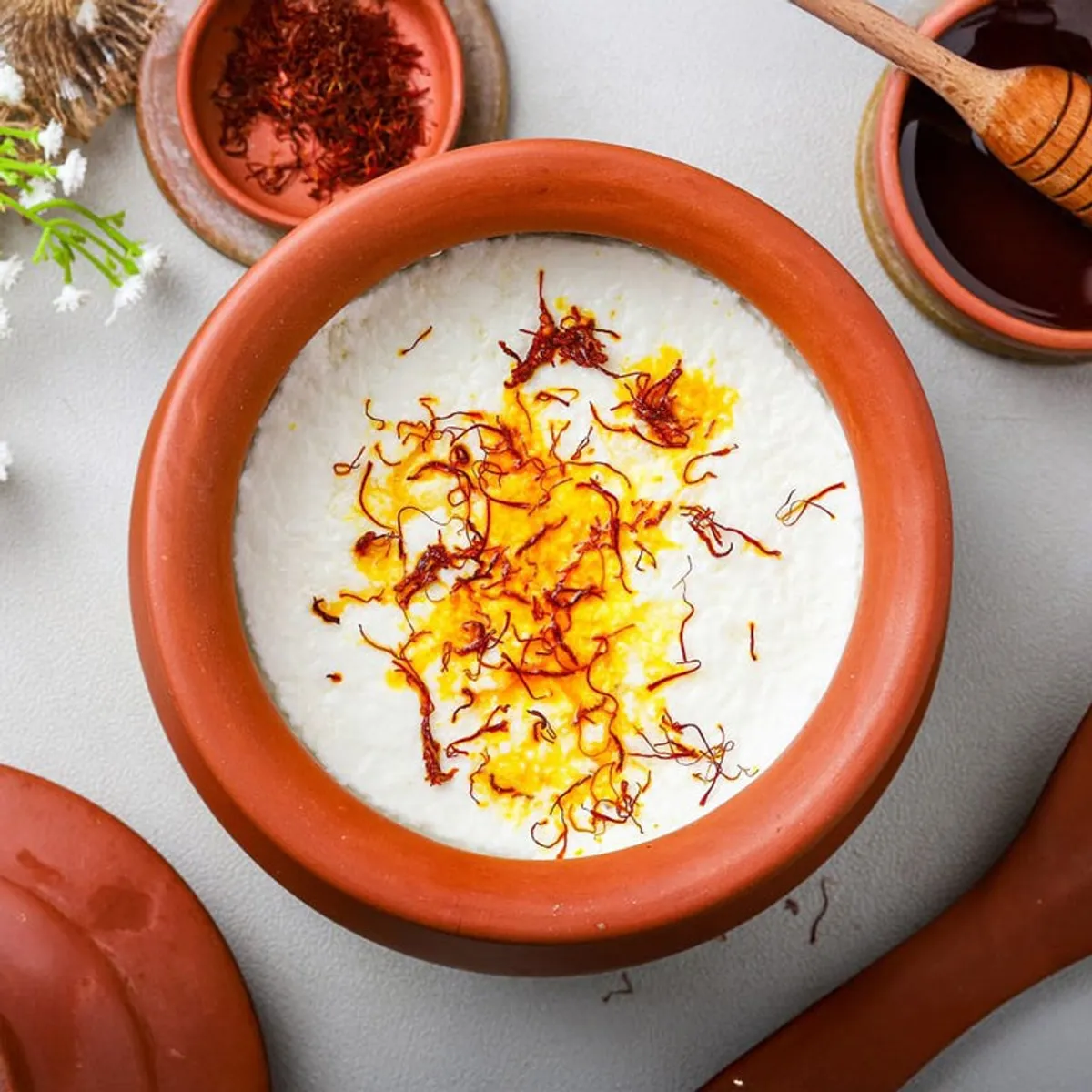 Top view of a terracotta handi filled with a saffron-topped dish