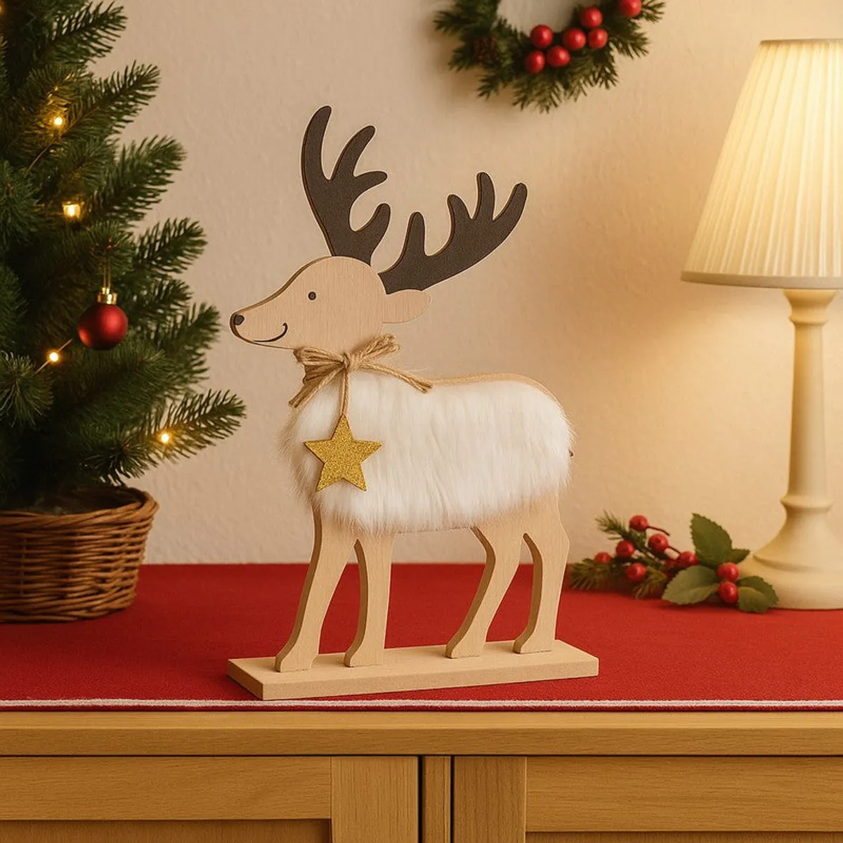 Wooden reindeer showpiece with faux fur beside a Christmas tree and table lamp