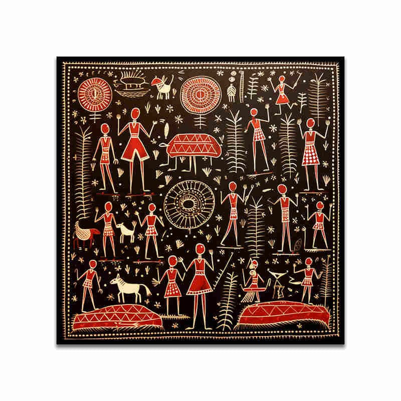 Warli Chaos Canvas Wall Art With Frame media 4