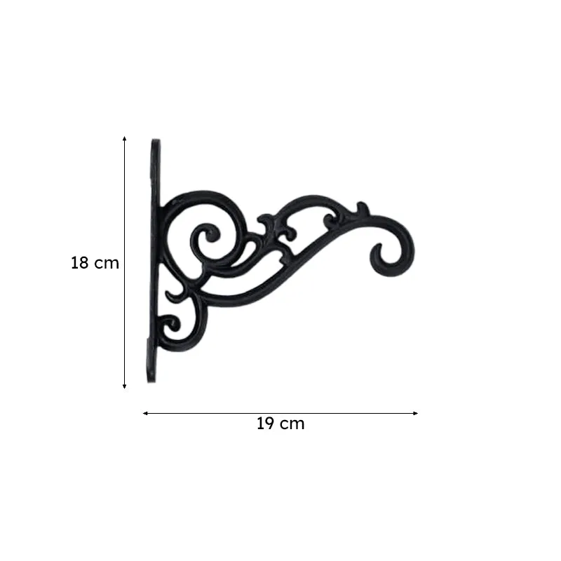 Black ornate wall bracket shown with arrows indicating its height and length.