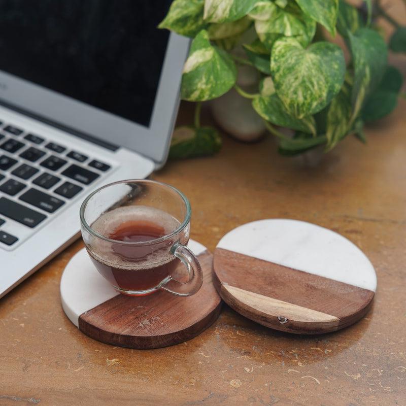 Losa Handmade Round Marble And Wooden Coaster - Set Of Two