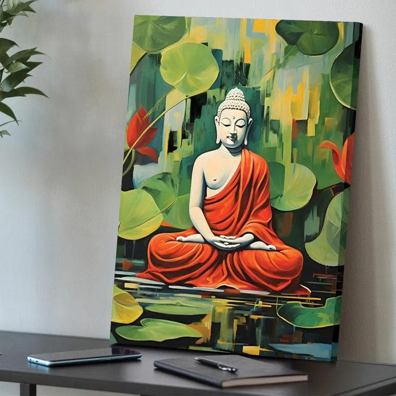 Buddha Bless Canvas Wall Painting - Green & Orange media 3