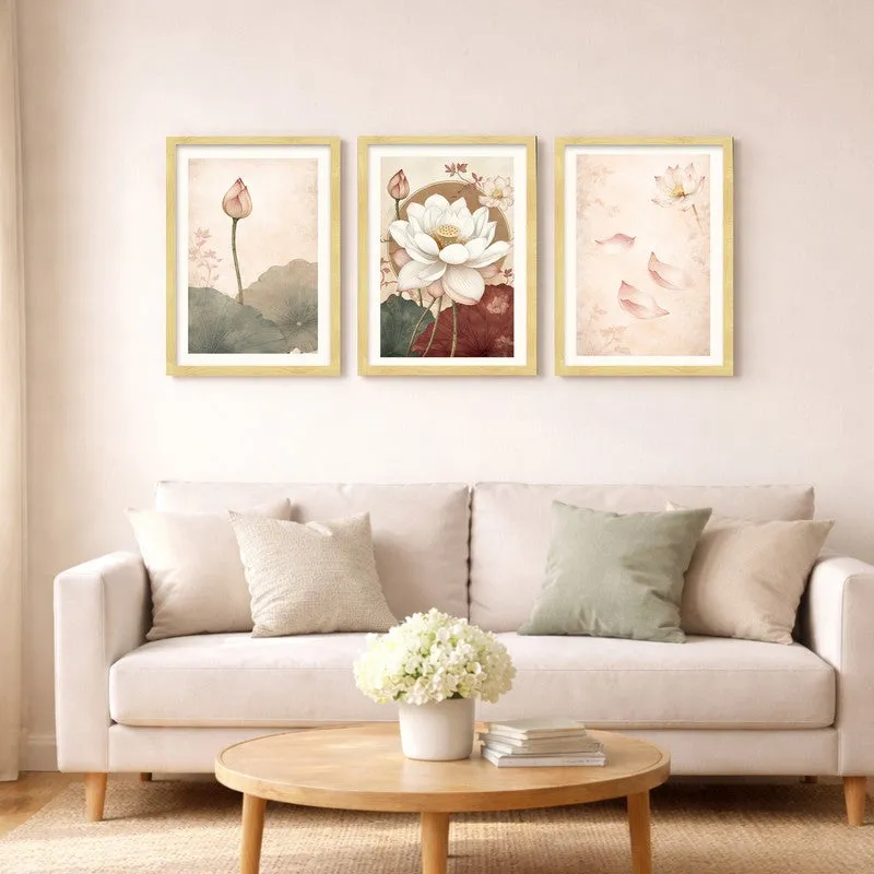 Blooming Lotus Paper Wall Painting With Frame - Set Of Three media 5