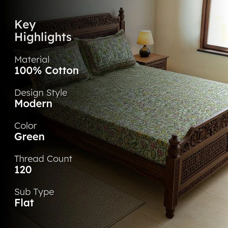 Jewelina Floral Printed Cotton Bedsheet (Light Green) - 120 TC media 2