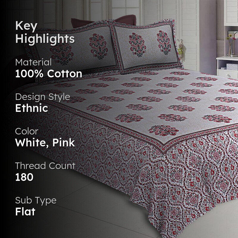 Kruti Ethnic Cotton Bedsheet (White,Pink) - 180 TC media 2