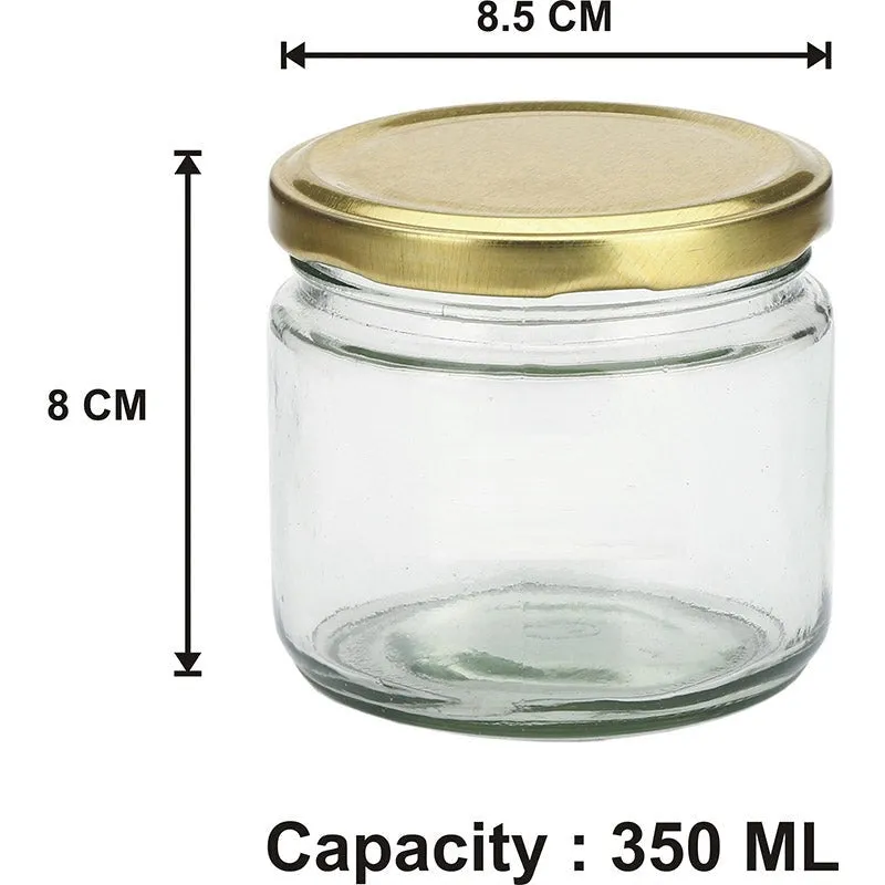 Transparent glass jar with gold lid shown with its dimensions and 350 mL capacity.