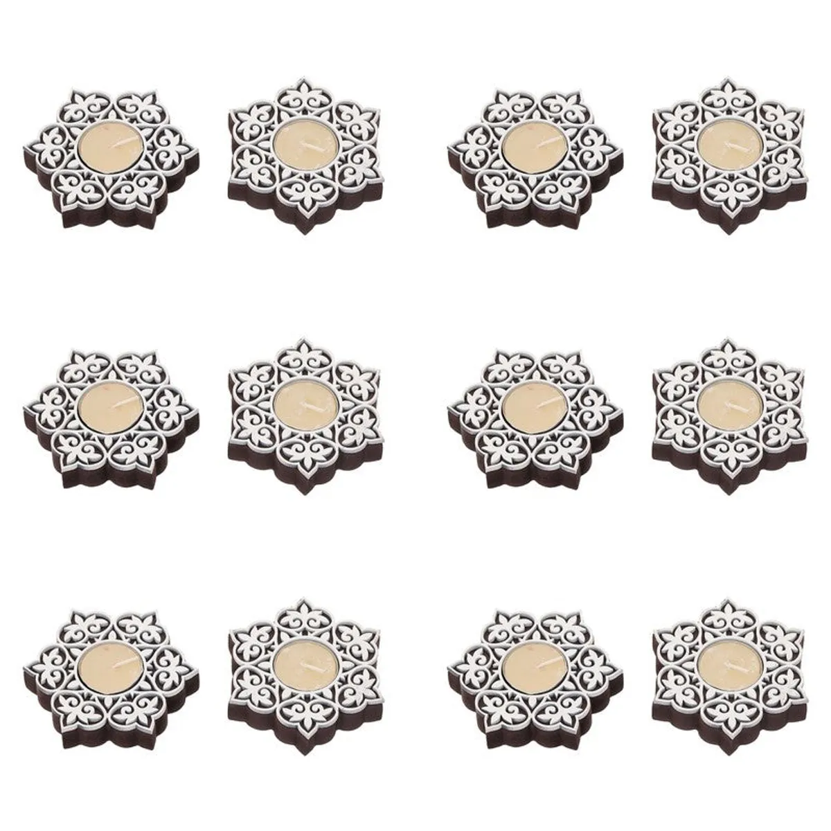 Twelve floral brown and white tea light holders shown individually on a white background