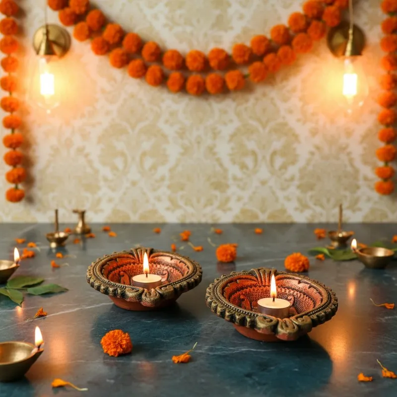 Divine Swastika Terracotta Diya - Set Of Two media 5