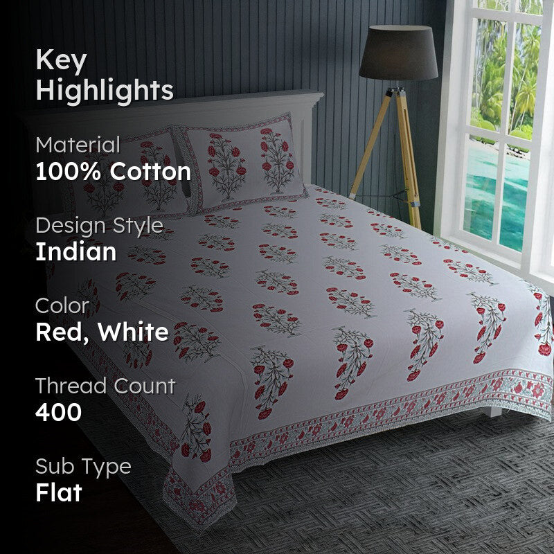 ShahiGuldaan Handblock Printed Cotton Bedsheet (Red) - 400 TC media 2