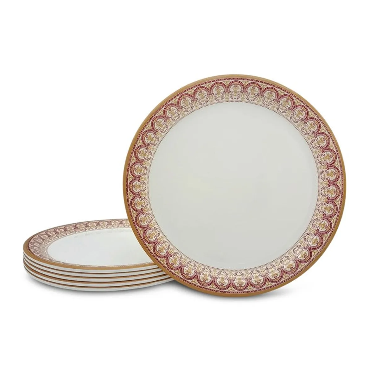 White quarter plate standing beside a stack of matching plates with ornate borders