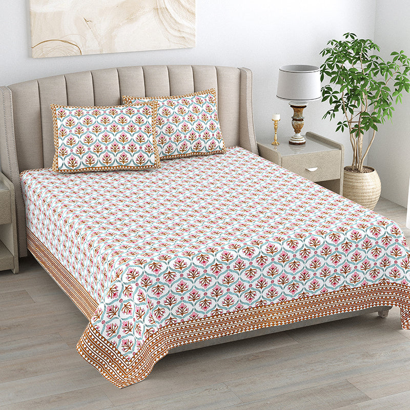 Ethnik Mirage Cotton Bedsheet (Pink, Brown) - 144 TC