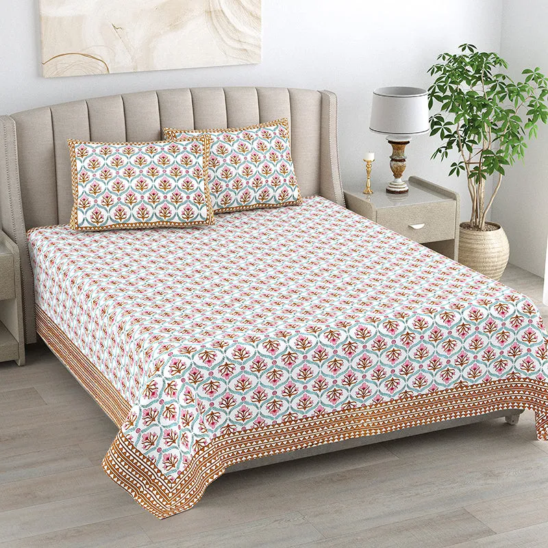 Ethnik Mirage Cotton Bedsheet (Pink, Brown) - 144 TC media 1