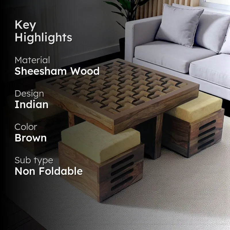 Delvex Sheesham Wooden Center Table with Stools and Cushions (Brown) - Nine Piece Set media 2