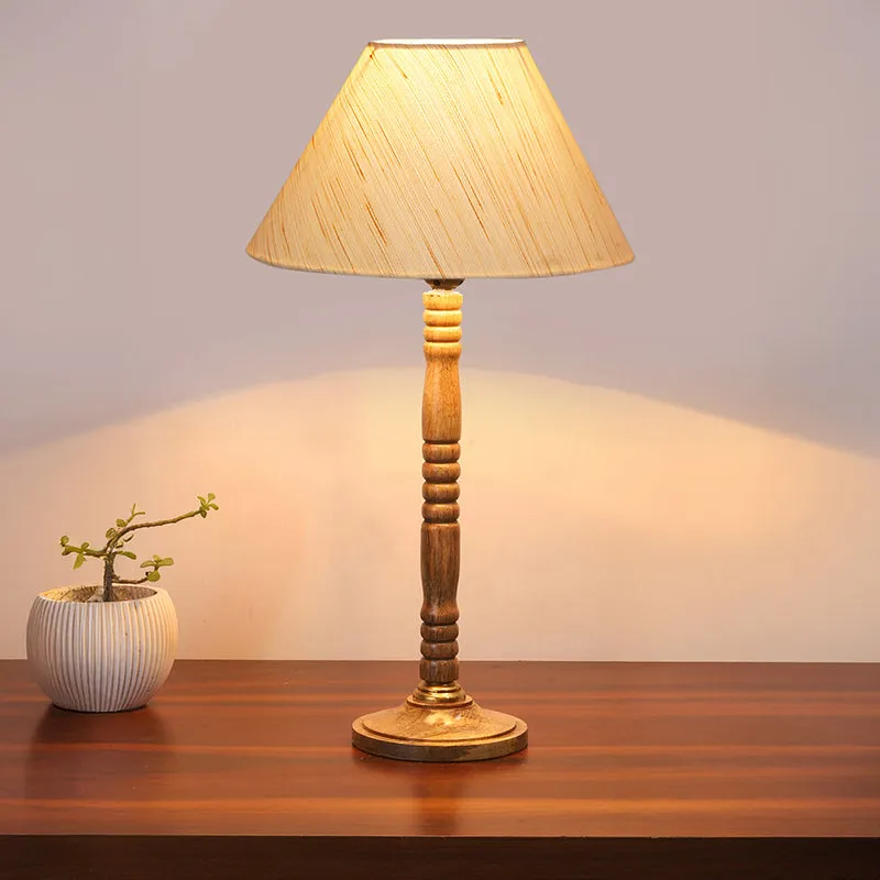 Glow Mesa Table Lamp With Carved Wooden Base - Ivory,Brown media 1