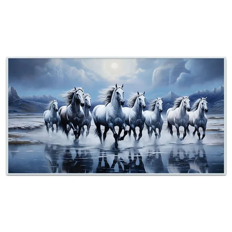 Stallions Under Blue Moon Canvas Wall Painting With Frame - White media 4