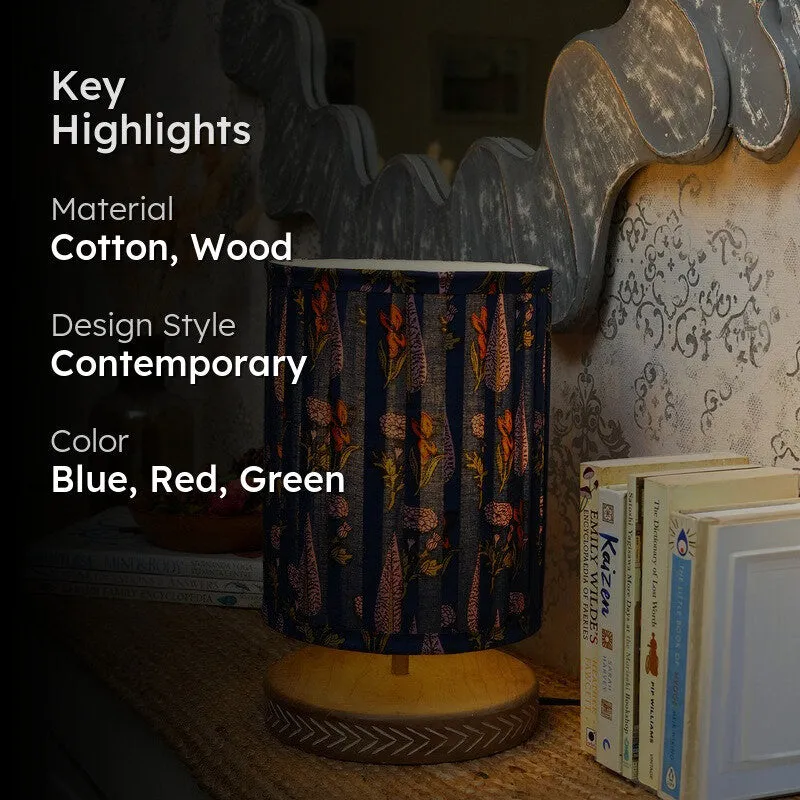 Nocturne Garden Cotton Table Lamp With Wooden Base - Blue media 2