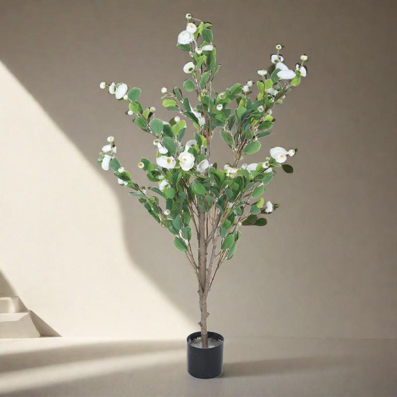 Faux Minio Camelia Rose Plant With Black Plastic Pot (3.94 ft) - White media 3