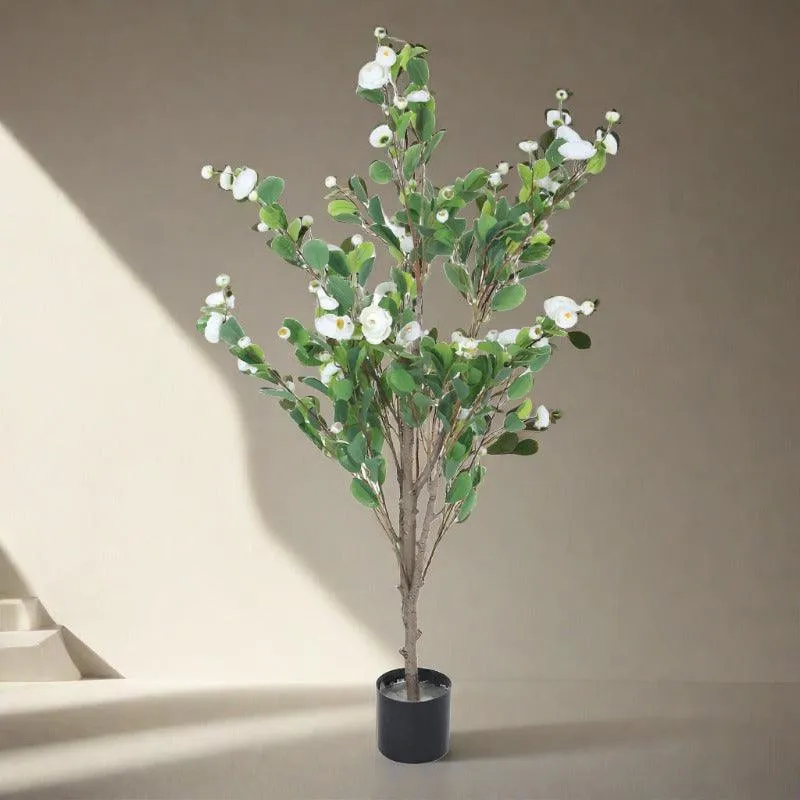 Faux Minio Camelia Rose Plant With Black Plastic Pot (3.94 ft) - White media 3