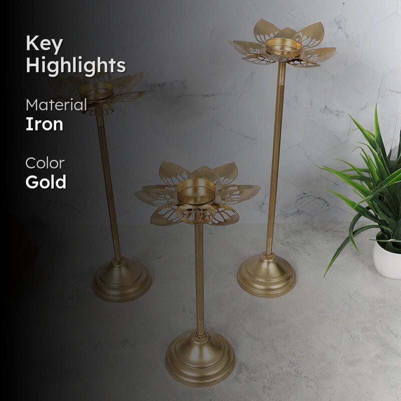 Gold Phool Tea Light Holder - Set Of Three media 2