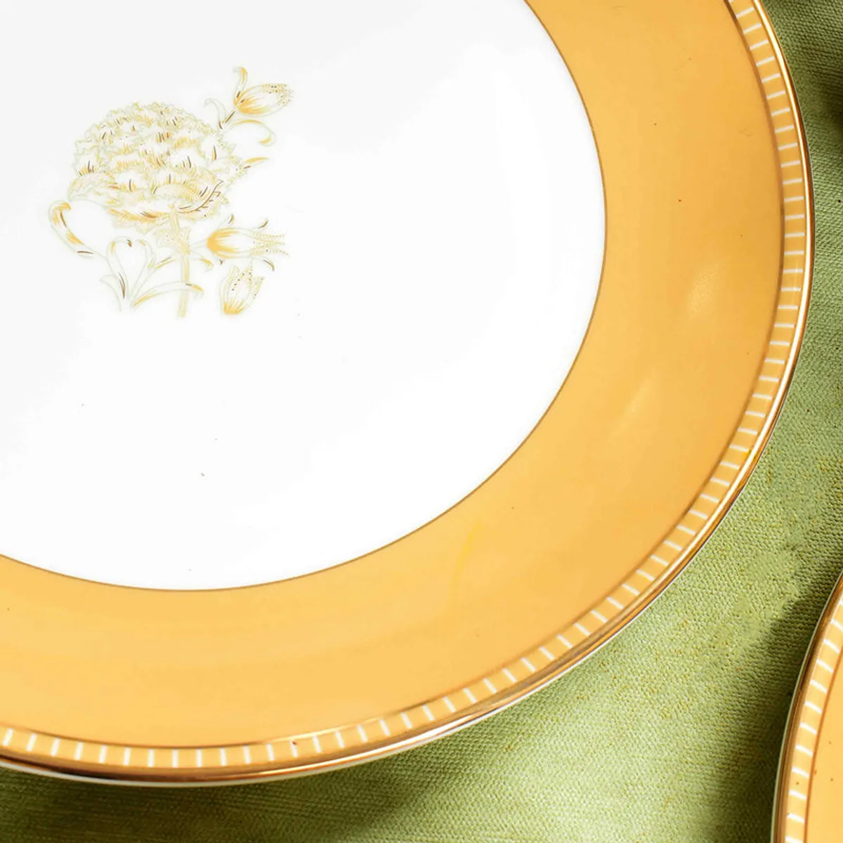 Close-up showing the gold striped rim and floral porcelain plate design