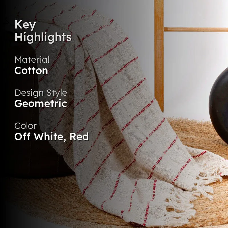 Almond Weave Striped Throw - Off White & Red media 2