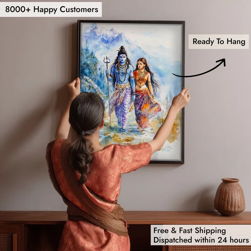 Gangadhara Parvati Spiritual Archival Paper Wall Painting With Frame - Black media 6