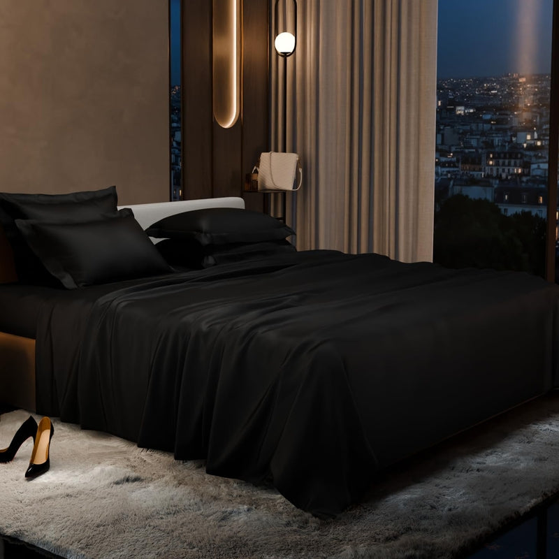Purelle Satin Bedsheets with 4 Pillow Covers (Black) - 150 GSM