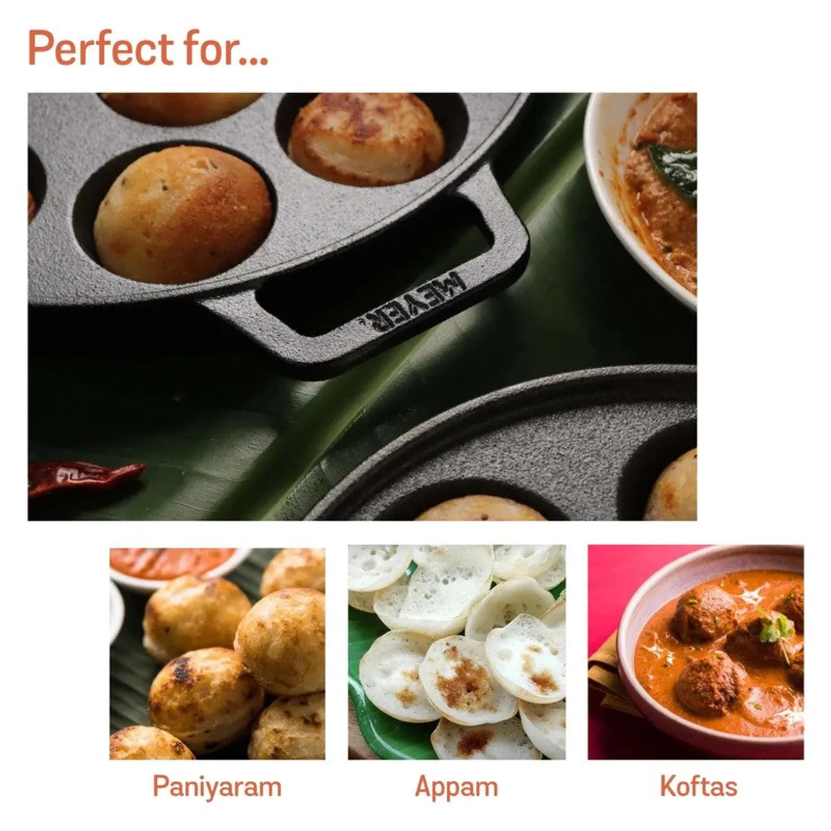 Cast iron paniyaram pan shown with paniyaram, appam and kofta dishes