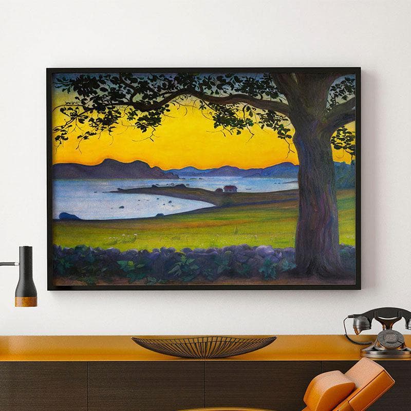 Golden Sunset Lake View Canvas Wall Painting - Black Frame