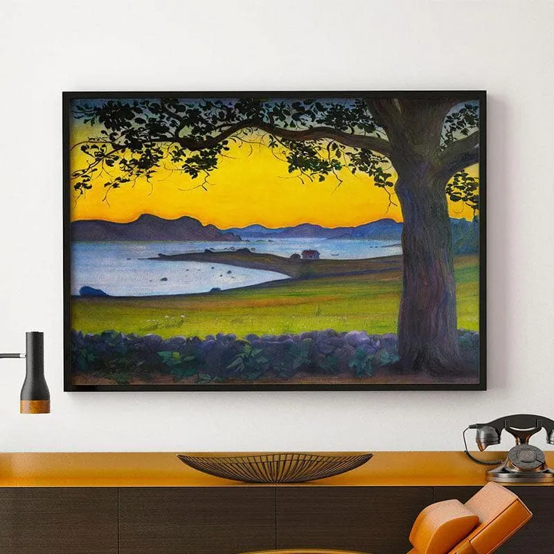 Golden Sunset Lake View Canvas Wall Painting - Black Frame media 1