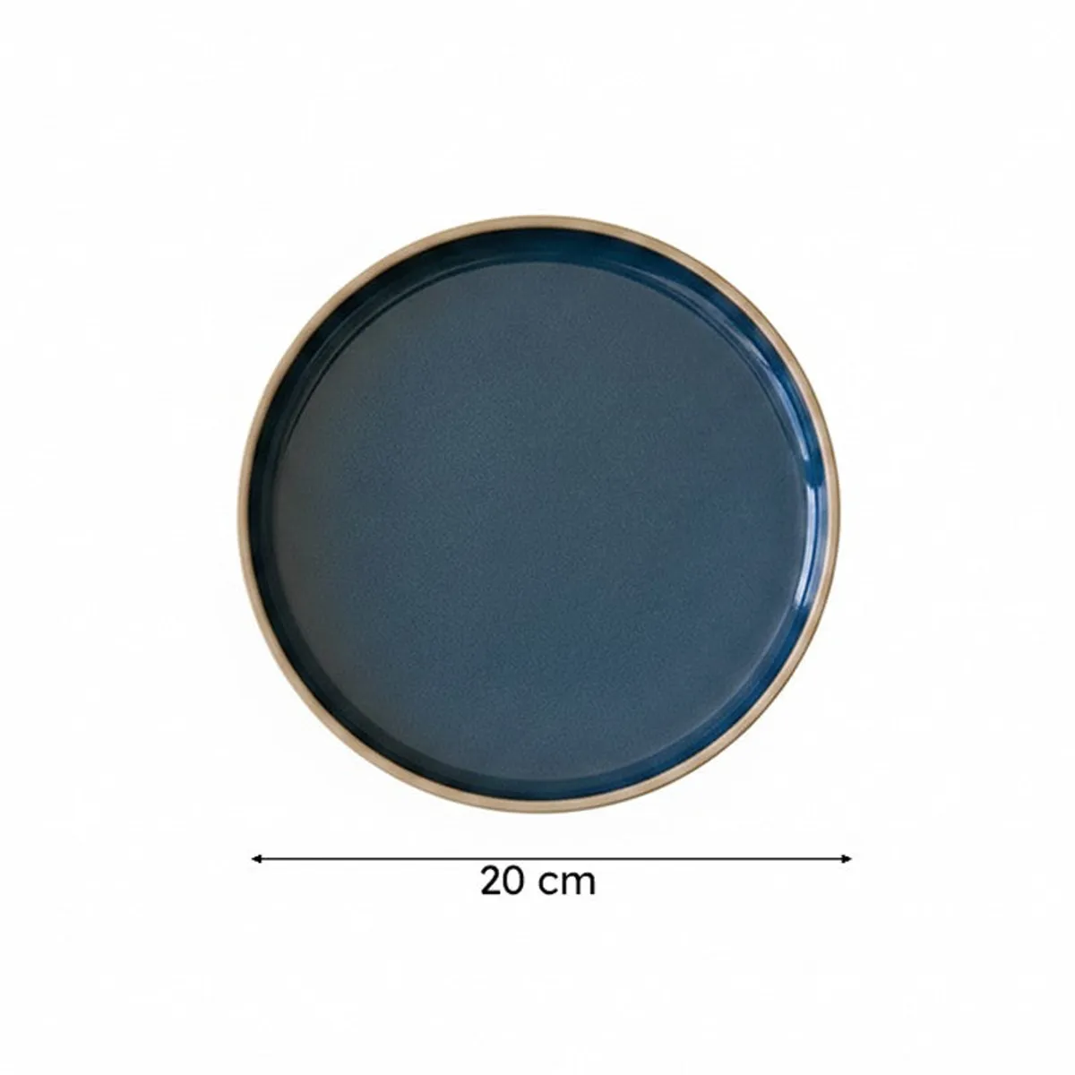 Single blue ceramic quarter plate shown from above on a white background