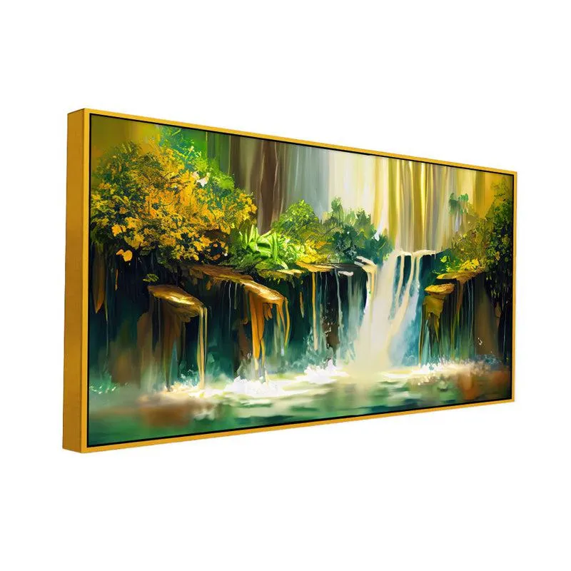 Utopian Waterfalls Landscape Canvas Wall Painting With Frame - Gold media 3