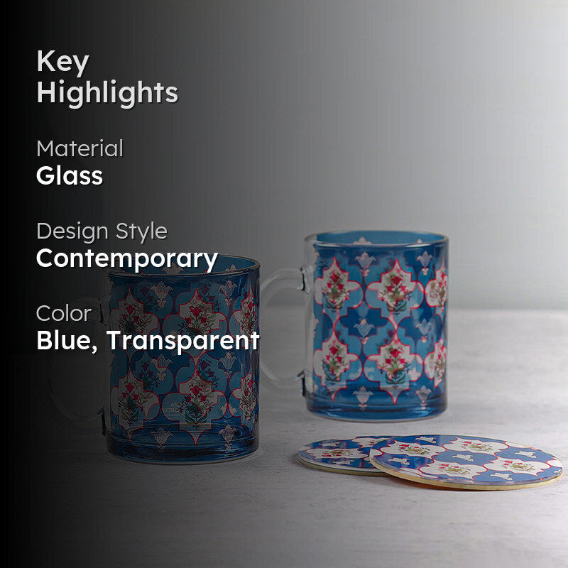 India Circus Petal Dew Glass Mug With Coaster (325 mL Each) - Four Piece Set media 2
