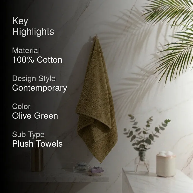 Olive green bath towel in bathroom with key highlights overlay