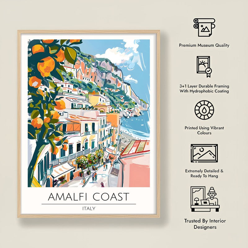 Vintage Amalfi Coast Framed Canvas Archival Canvas Wall Painting - Natural Brown Frame media 8