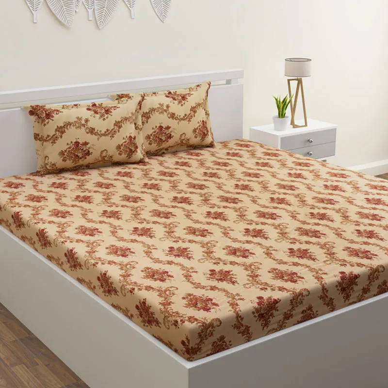 Kaureena Printed Cotton Bedsheet (Beige,Brown) - 300 TC media 1
