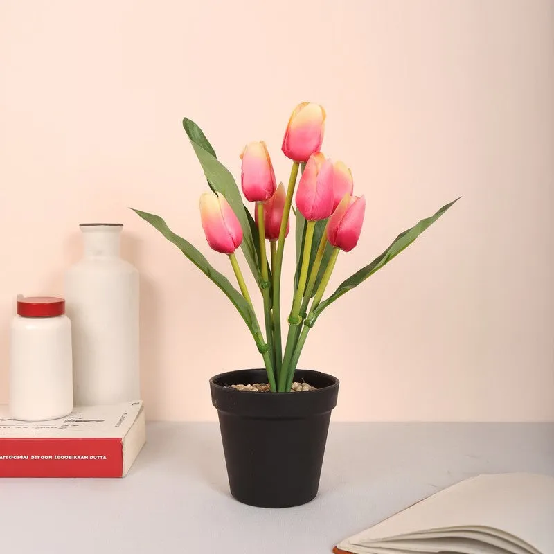Artificial Tulip Flower Plant With Black Plastic Pot - Pink,Yellow media 1
