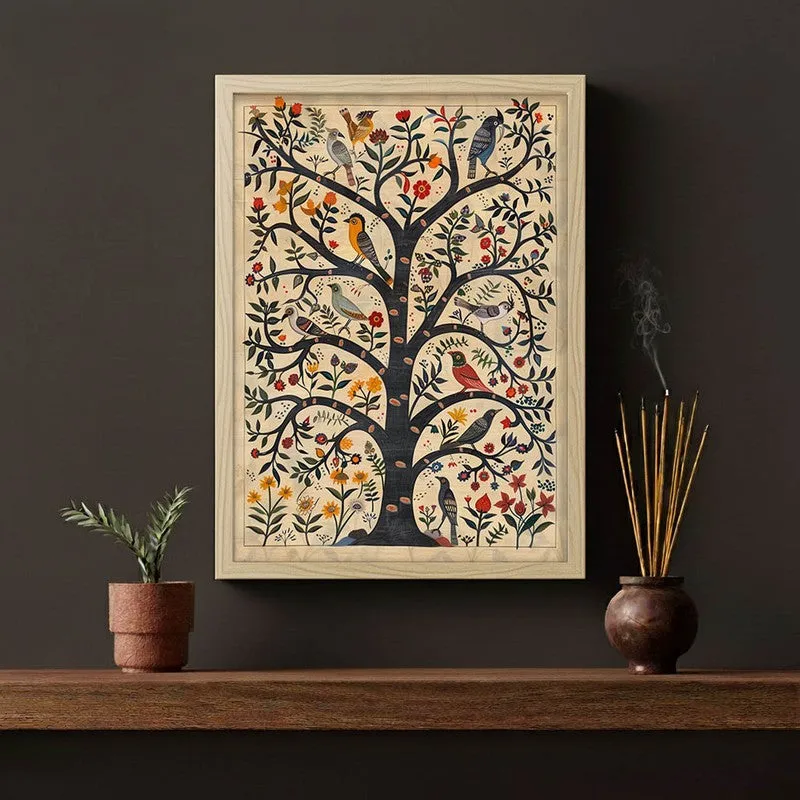 Bloomspire Tree of Life Folk Art Canvas Wall Painting With Brown Frame media 4